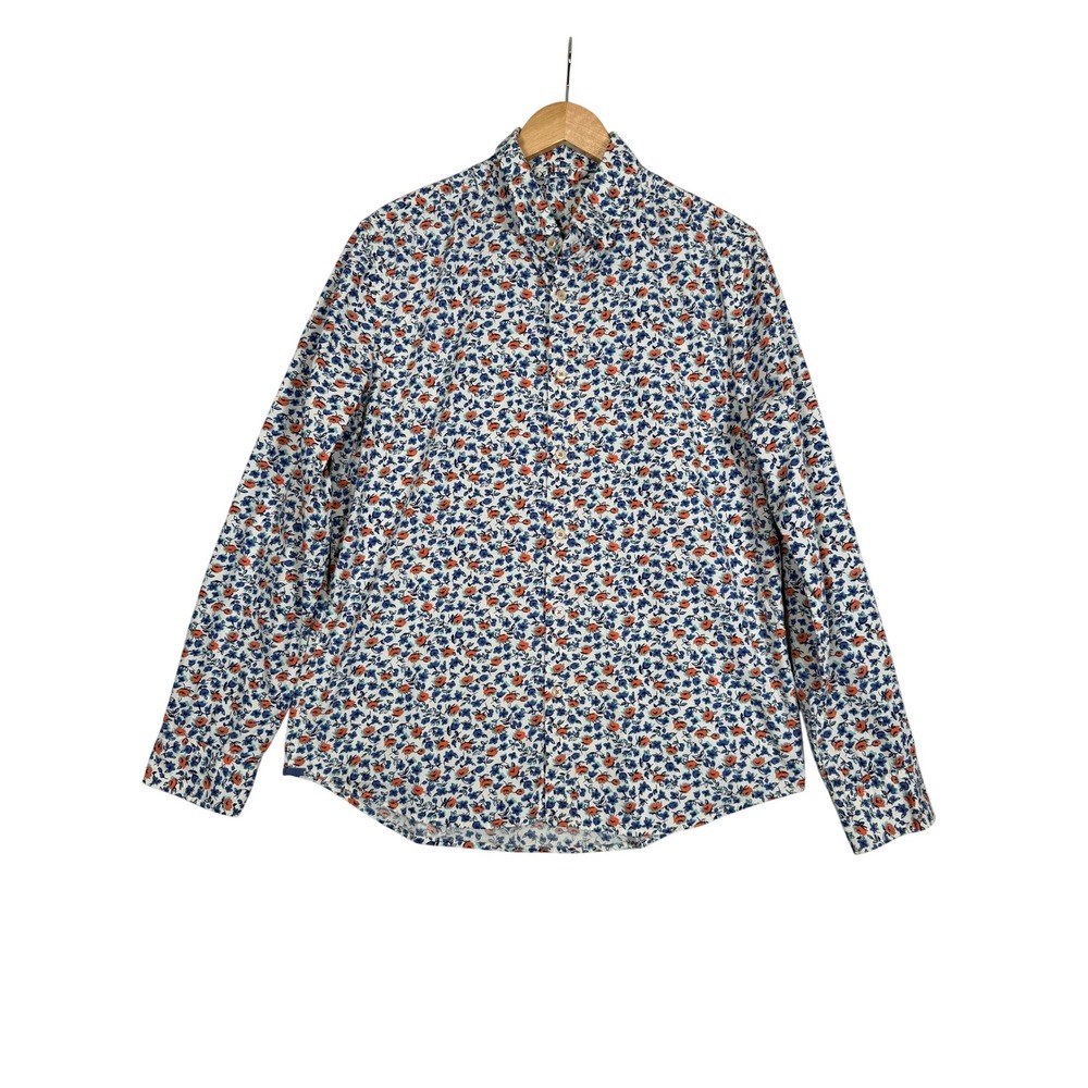 Boden Floral Button Down Shirt Large Blue Orange Cotton Long Sleeve